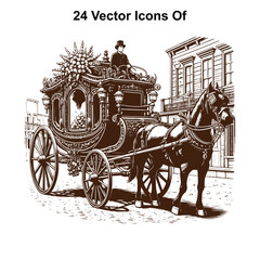 Naklejka premium Vintage Horse-Drawn Carriage Standing or running Still – Western Black and White Vector Illustration