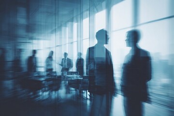 Side view of blurred silhouettes of businessmen talking in conference room, view through the transparent glass wall. High quality