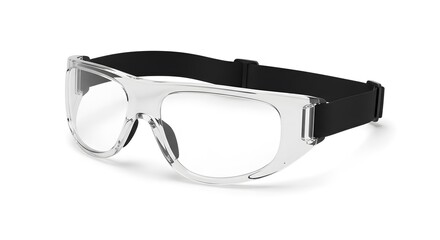 Clear Protective Sports Goggles with Adjustable Black Strap for Eye Safety in Athletics and Industrial Work Isolated on White Background