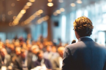 image of a speaker giving a lecture at a business seminar. High quality