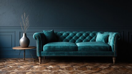 Teal velvet couch against a paneled wall with a table holding vase on hardwood floor
