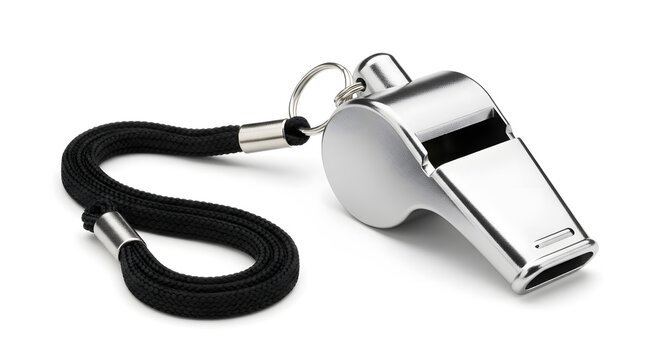 Polished Metallic Whistle with Black Lanyard Isolated on White Background for Sports, Coaching, and Signaling Attention