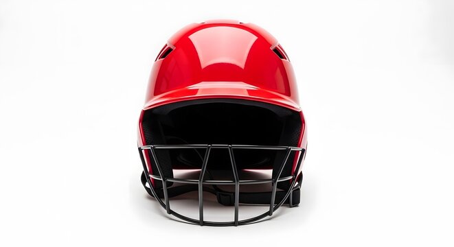 Isolated Red Batting Helmet with Face Mask on White Background, Essential Protective Sports Gear for Baseball and Softball Players