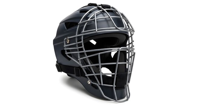 Black Sports Goalie Catcher Helmet with Metal Face Mask for Protection, Isolated on White Background