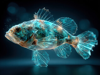 Fototapeta premium Glowing Blue Neon Fish with Elongated Fins on Dark Background. Great for fantasy, marine, or bio-tech themes.
