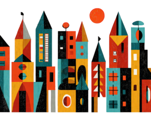 Colorful Geometric Cityscape With Abstract Buildings