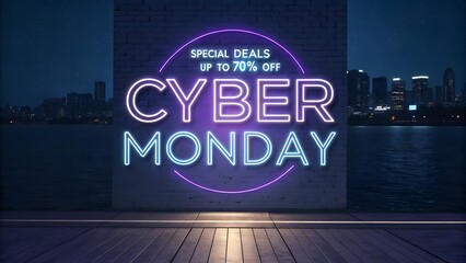 Neon Cyber Monday Sign Against Cityscape Backdrop A Modern Advertising Display Emphasizing Savings and Tech Promotions