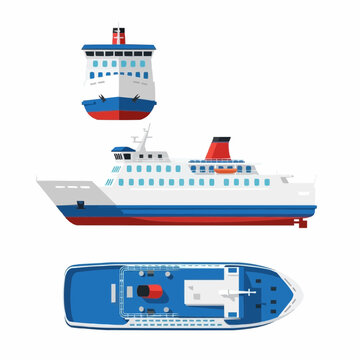 Flat vector illustration of a ferry boat in three different views on white background