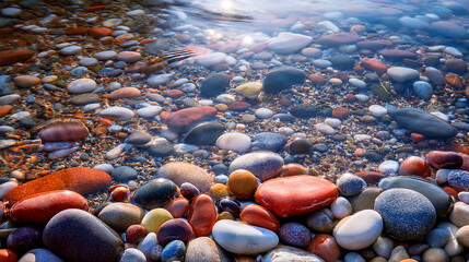 Seamless Natural Texture: Riverbed with Clear Water Flowing Over Smooth Pebbles

