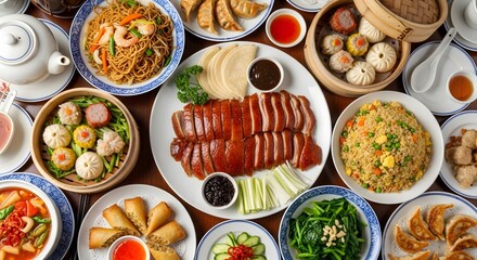 Delicious assortment of chinese cuisine dishes served on a table ready to eat now and enjoy