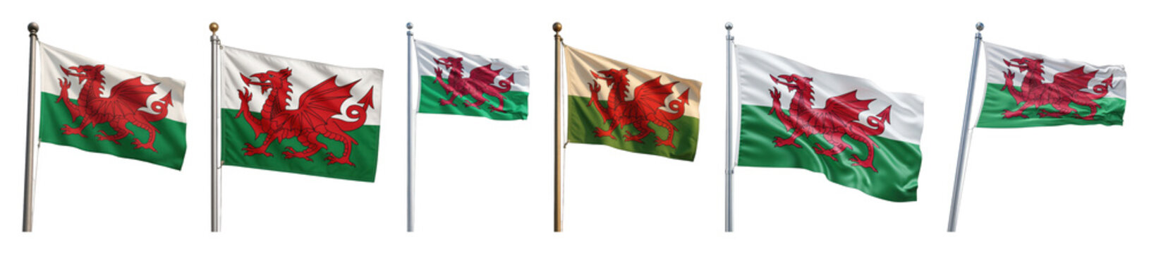 Welsh flag set including flags with red dragon emblem on poles, in different positions. National symbol and country representation.