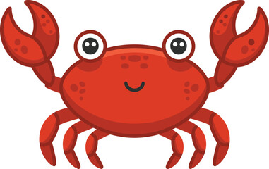 Cute Cartoon Red Crab Vector Illustration with Smiling Face, Big Eyes, Claws, Sea Animal Clipart Isolated on White Background for Kids