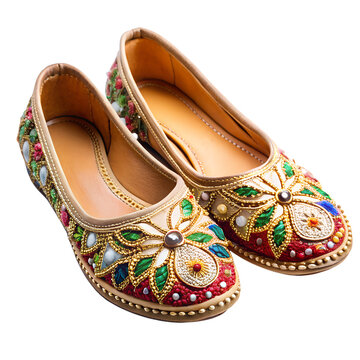 Beadwork jutti shoes PNG isolated on transparent background, handcrafted traditional Indian footwear with intricate decorations