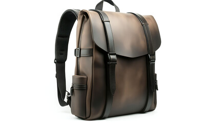Naklejka premium A refined matte finish leather backpack in dusty brown with structured sides and soft black straps, displayed upright against a clean white background,