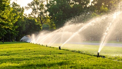 A park's lush green lawn is watered by sprinklers on a sunny day.