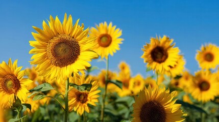 Fototapeta premium A vibrant field of sunflowers under a clear blue sky, showcasing bright yellow blooms and lush green leaves.