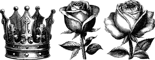 Baroque crown and rose vintage engraving style art for design and decor