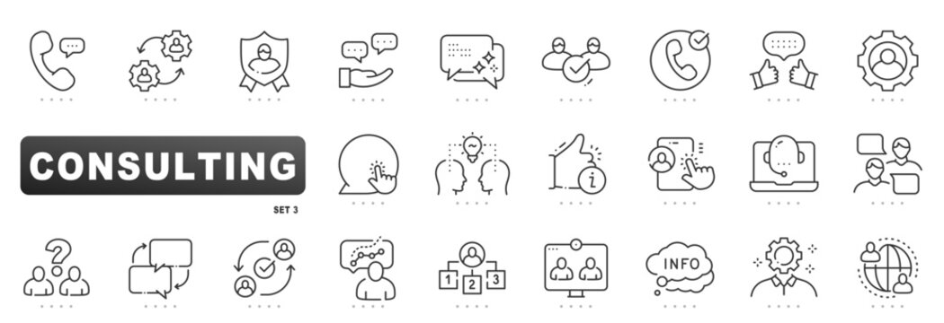 Consulting outline icons for business strategy, advisory communication, analysis, planning, coaching, support, client service, collaboration, global teamwork, professional presentations, vector