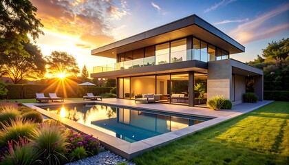 Fototapeta premium Sophisticated Modern House with Pool – Sunset View and Elegant Lifestyle