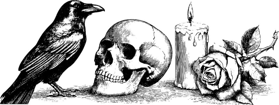 Naklejki Mysterious noir scene with skull, raven, candle, and rose in vintage engraving style for gothic art and decor