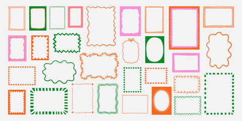 Set of whimsical hand-drawn frames with wavy squiggle curly ribbons in trendy, vintage styles. Vector playful border frames for trendy invitations, cards
