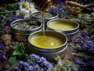 Natural healing balms surrounded by herbs and flowers.
