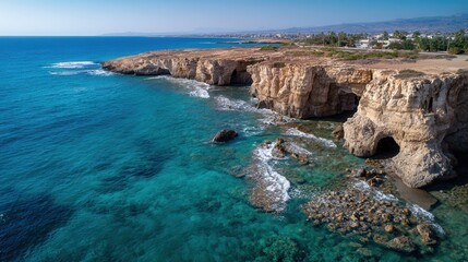 A stunning coastal view featuring rocky cliffs and clear turquoise waters, showcasing the beauty of nature and the shoreline.