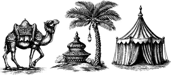 Eastern mystery scene with camel, tent, and palm tree in vintage engraving style