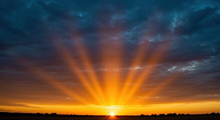 Dramatic Sunset with Orange Rays Breaking Through Dark Blue Clouds