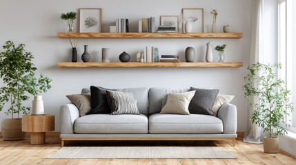 Bright, clean living room featuring a couch under floating shelves, plants, and a window