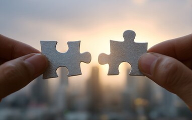 Two hands holding puzzle pieces to fit together with blur background of building. The concept of teamwork, partnership and solution. High quality