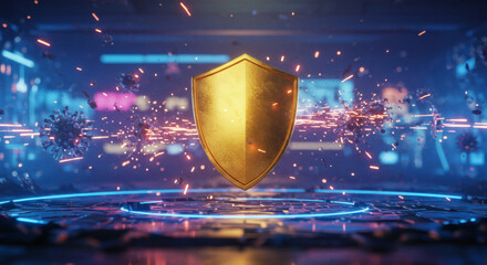 Golden shield as a conceptual symbol of robust digital security and advanced cyber defense, protecting data from viruses and online threats in a high-tech environment