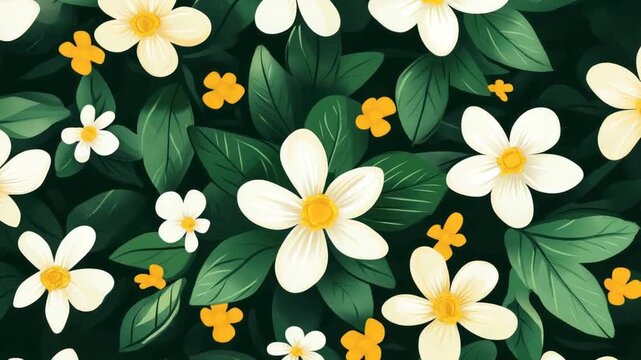 A vibrant floral design featuring white flowers and lush green leaves on a dark background.