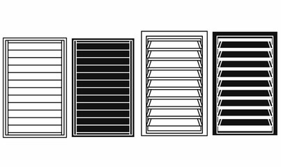 Vector illustration of jalousie window set with horizontal slats, louver shutter design in black and white line art, perfect for architecture, ventilation, and building design.