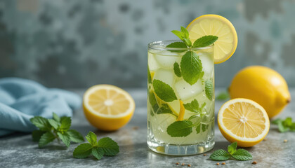 Fototapeta premium Iced Lemonade with Mint and Lemon Slice Garnish