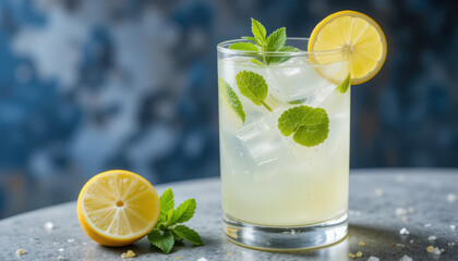 Fototapeta premium Iced Lemonade with Mint and Lemon Slice on Table