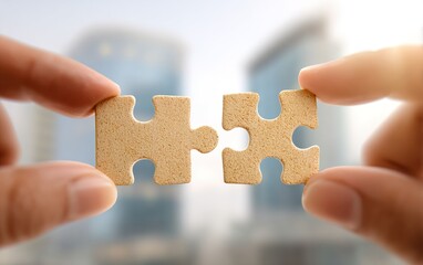 Two hands holding puzzle pieces to fit together with blur background of building. The concept of teamwork, partnership and solution. High quality