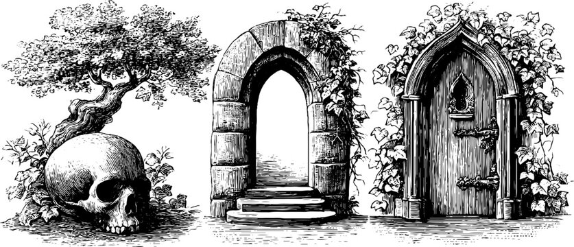 Gothic arch and skull with vines in vintage engraving style