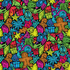 Naklejka premium Vibrant Christmas pattern featuring gingerbread men, gifts, stars, and leaves vector, patern seamless, Stock royalty free.