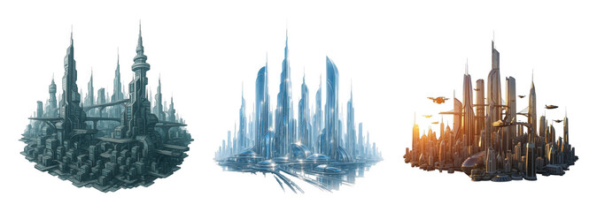 Futuristic cityscapes set including cold, bright, and warm-toned urban structures isolated. Science fiction and urban development collection.