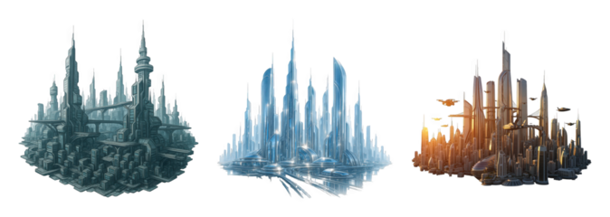 Futuristic cityscapes set including cold, bright, and warm-toned urban structures isolated. Science fiction and urban development collection.