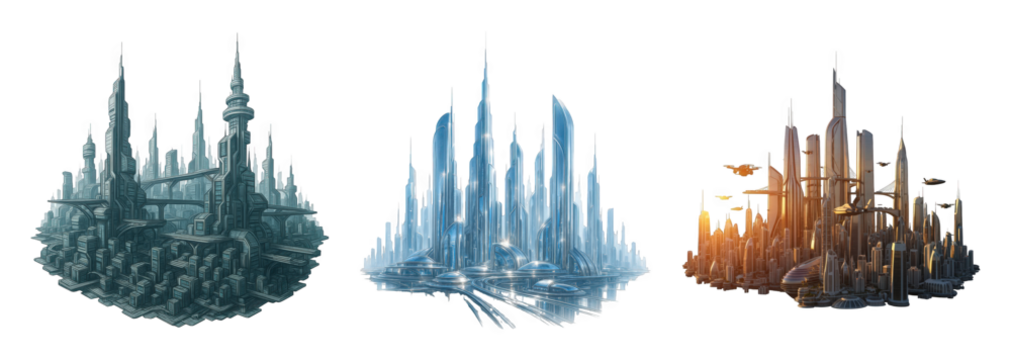 Futuristic cityscapes set including cold, bright, and warm-toned urban structures isolated. Science fiction and urban development collection.