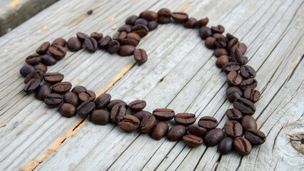 Heart shape made of coffee beans on rustic wooden surface