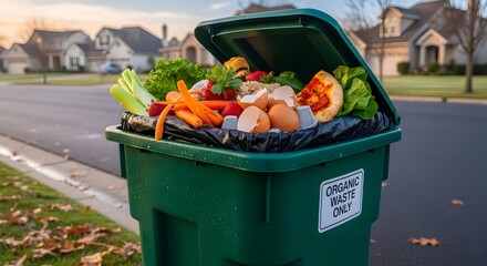Organic waste bin overflowing with food scraps and vegetable matter in neighborhood setting