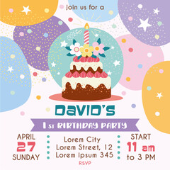 birth day party invitation, square, birthday cake, confetti, celebration, template vector illustration