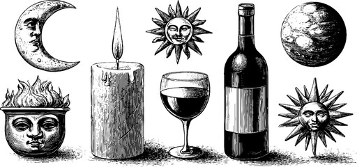 Celestial night romance with vintage sun and moon engraving elements for creative designs