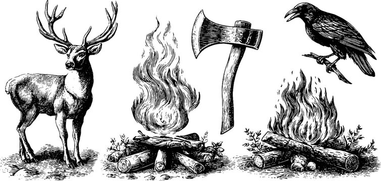 Nordic hunt scene with deer, campfire, axe, and raven in vintage engraving style for retro design