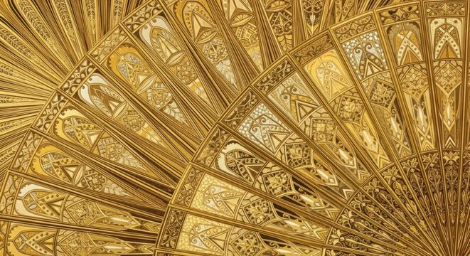 Close-up of multiple golden decorative fans with intricate, ornate patterns and architectural-inspired designs.