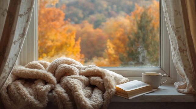 A cozy reading nook by a window on a rainy autumn day. A warm knitted blanket, an open book, and a cup of tea create a perfect scene of hygge, comfort, and relaxation at home - Powered by Adobe