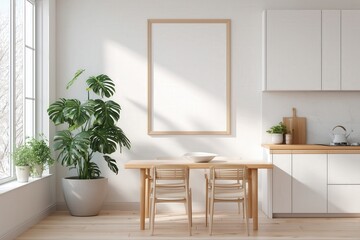 Scandinavian style minimalist kitchen interior with clean modern cabinets wooden countertop small dining table large potted plant and blank poster mockup frame on white wall
